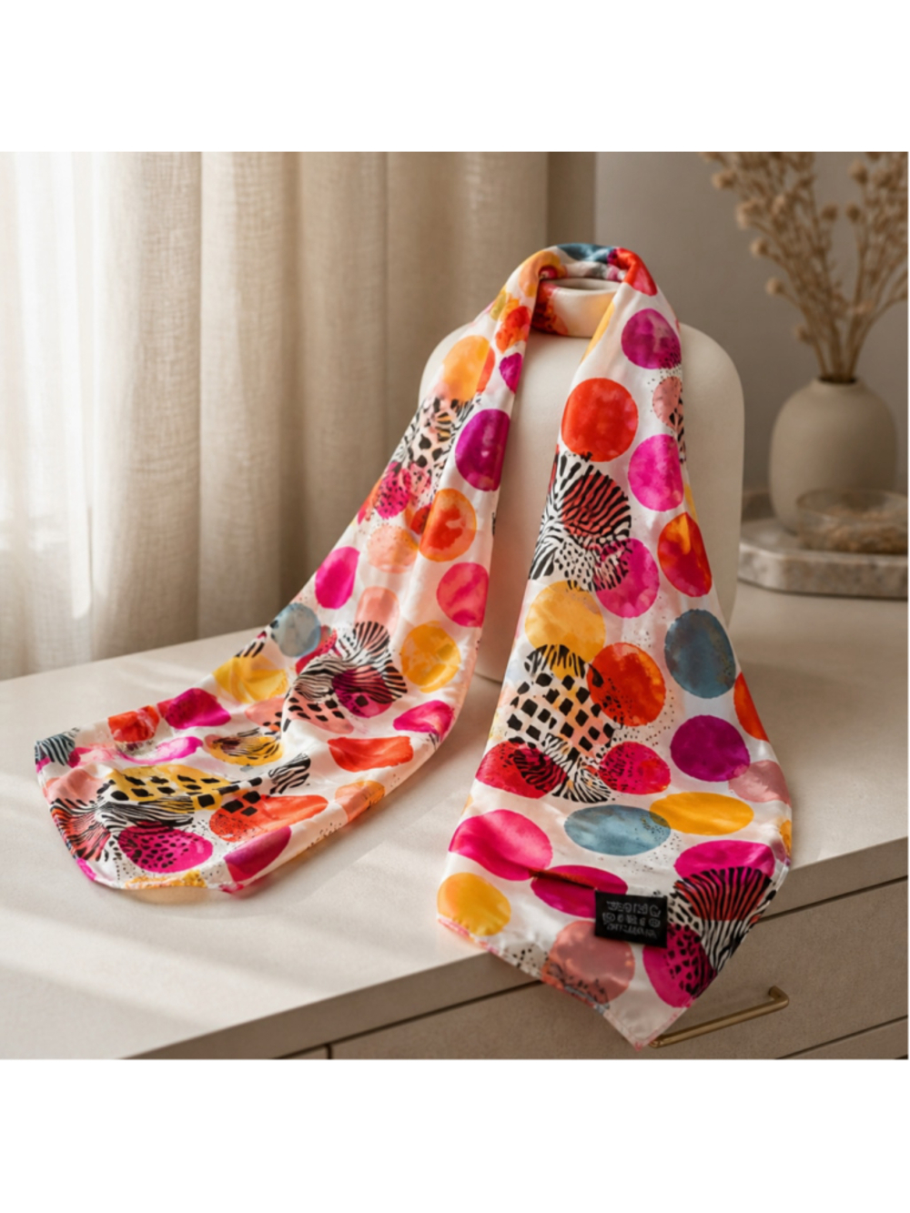 Evolve Silky Multicolor Polka Dot Scarf Longline Festive Vibrant Retro Styling